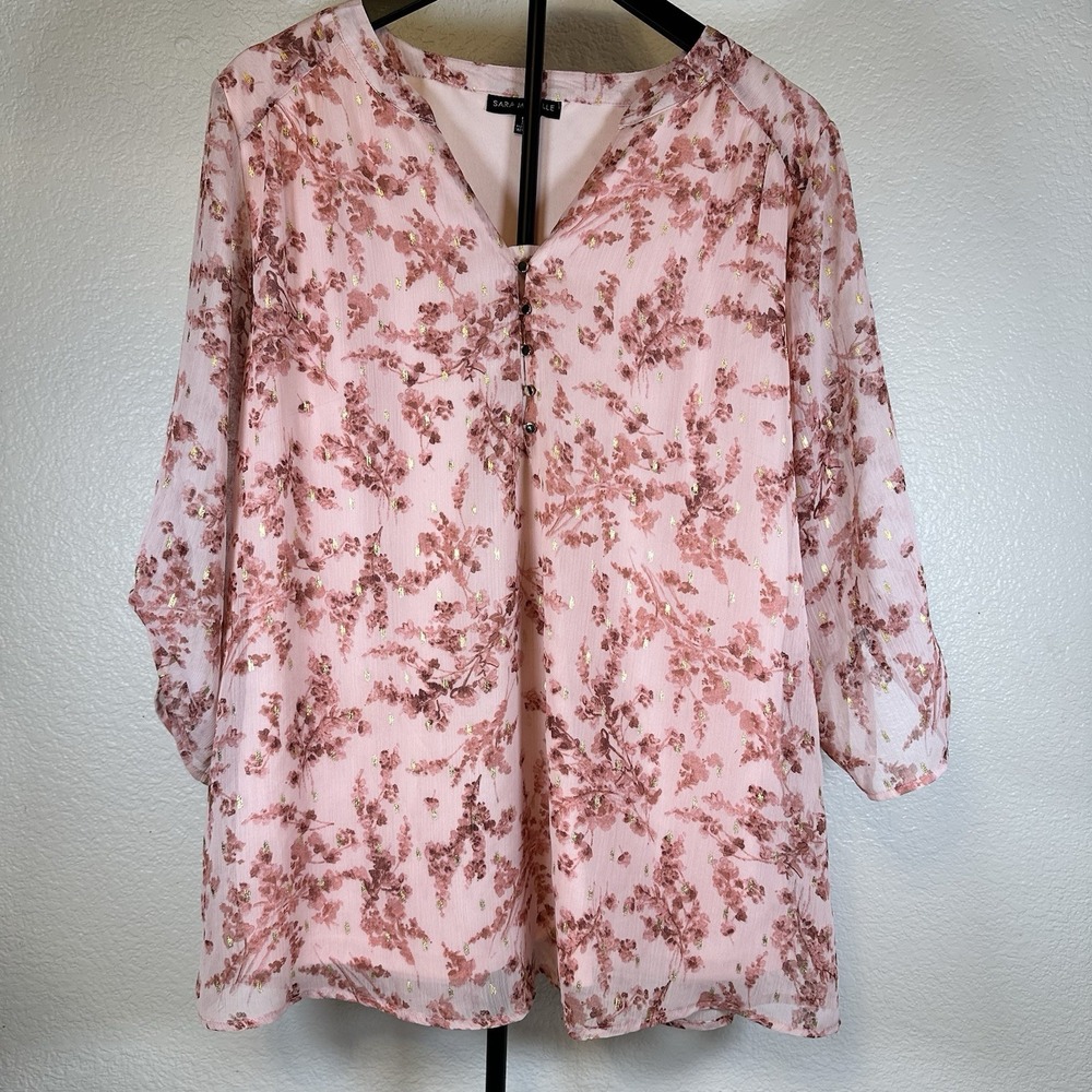 SARA MICHELLE Top Women Size 1X Pink W/ Gold Flowers Sheer Whimsical